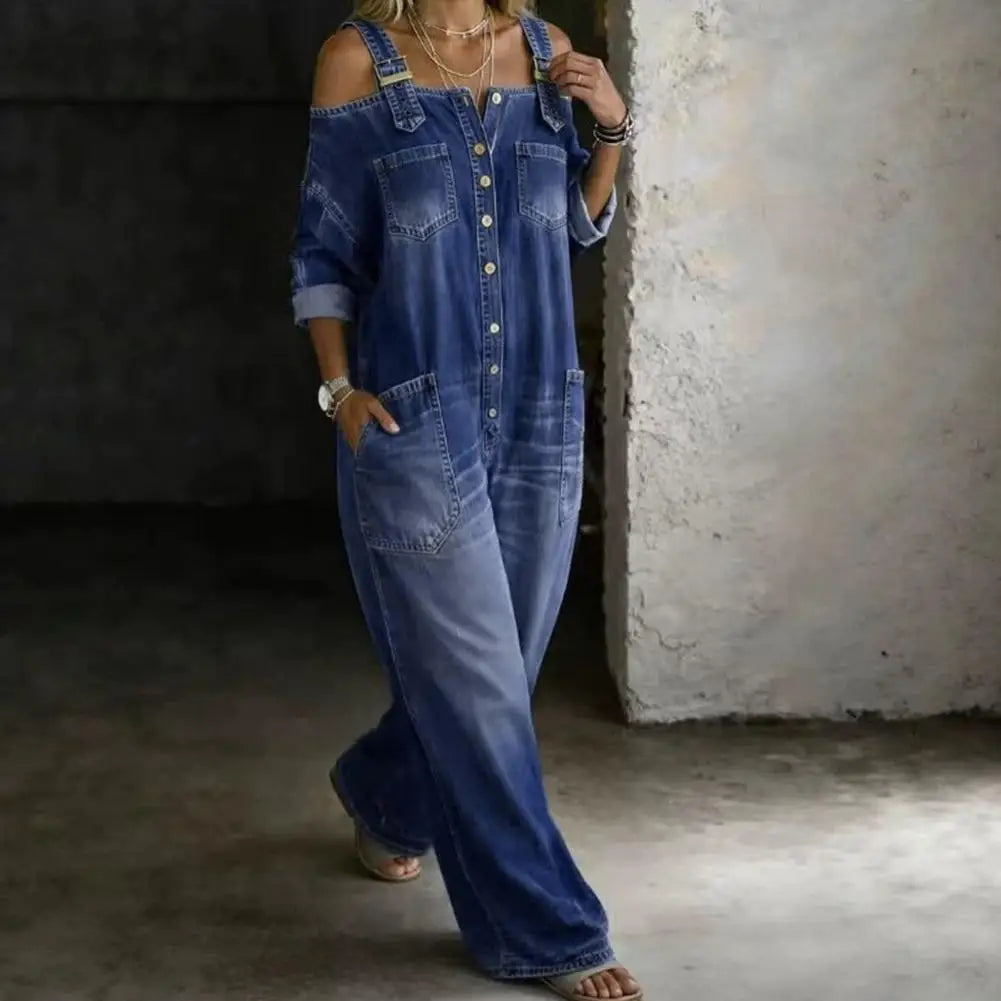 Summer Denim Jumpsuit for Women, Long Sleeve Off Shoulder Loose Bib Overall, Button Down Wide Leg Jeans Romper with Pockets