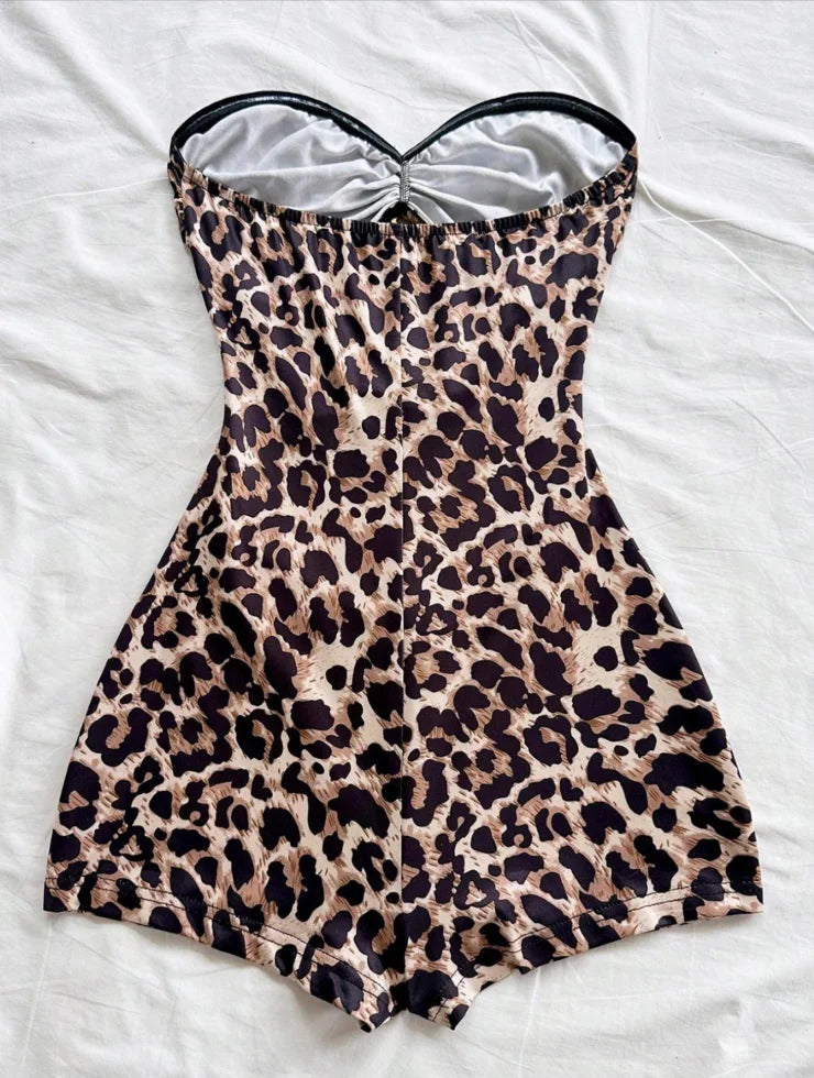 Women's Classic Retro Leopard Print Jumpsuit with Metallic Accessories, Suitable for Vacations, Parties, Dates, Afternoon Tea, M