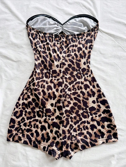 Women's Classic Retro Leopard Print Jumpsuit with Metallic Accessories, Suitable for Vacations, Parties, Dates, Afternoon Tea, M