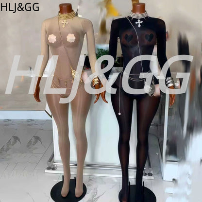 HLJ&GG Sexy Mesh See Through Bodycon One Piece Jumpsuits Women O Neck Long Sleeve Stretchy Overall Lady Party Clubwear Playsuits