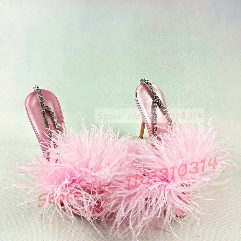 Pink Feather Crystal Wrap Sandals With High Heels Luxury Women Summer Sweet Shiny Shoes Design Ladies Luxury Elegant Sandals
