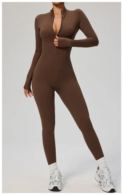 TRY TO BN Women's Jumpsuit Long Sleeve Zipper Shapewear Bodysuit Yoga Fitness One Piece Tights Gym Clothing Mono Deportivo Mujer