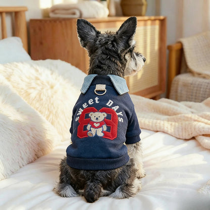 Preppy Bear Pet Sweatshirt, Navy with Denim Collar, Embroidery, D-Ring Included, Pullover Two-Legged Outfit for Small Dogs &Cats