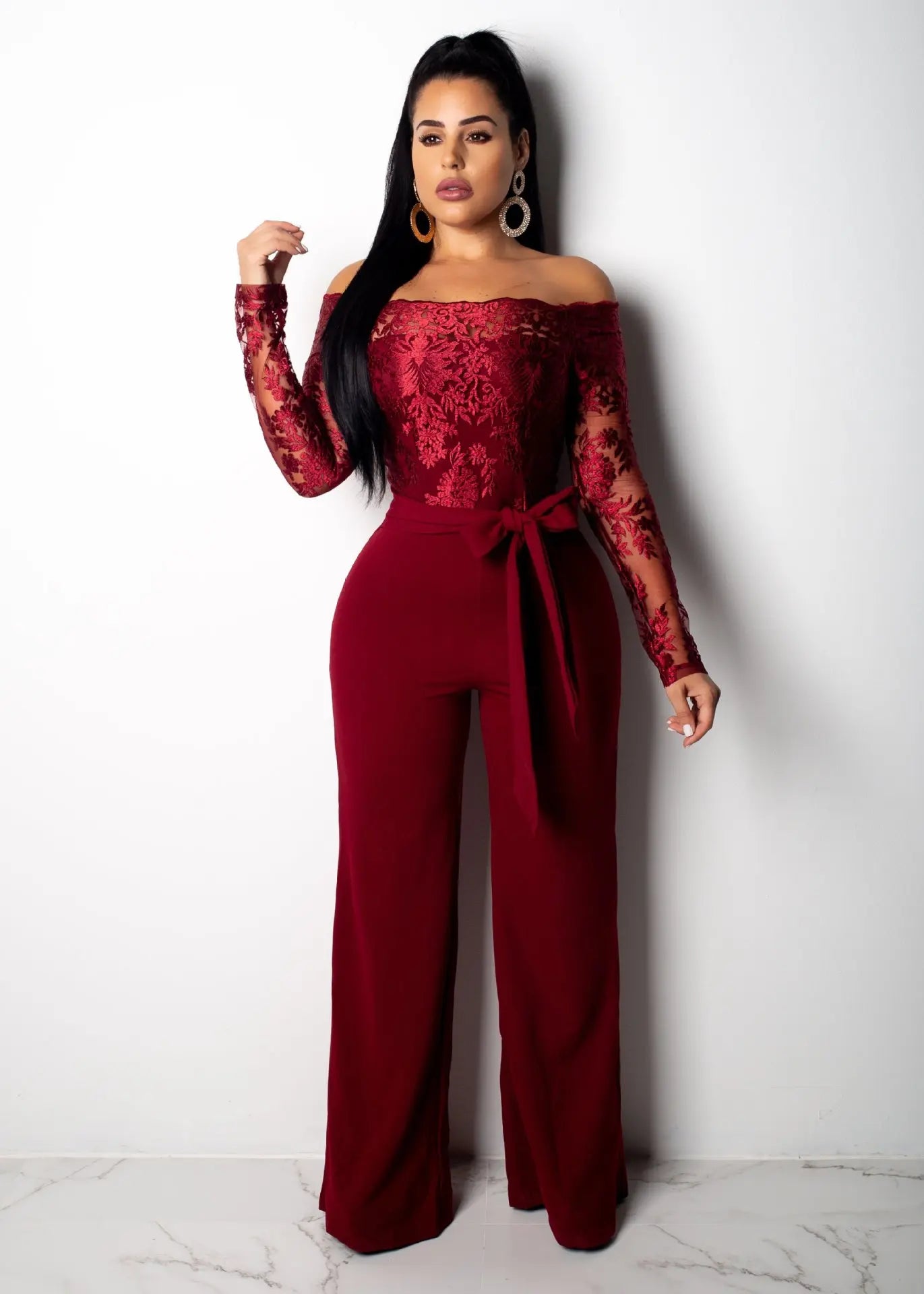 Womens Elegant Off Shoulder Long Pants Wide Leg Jumpsuits Floral Embroidery Lace See Through Cocktail Club Party Evening Rompers