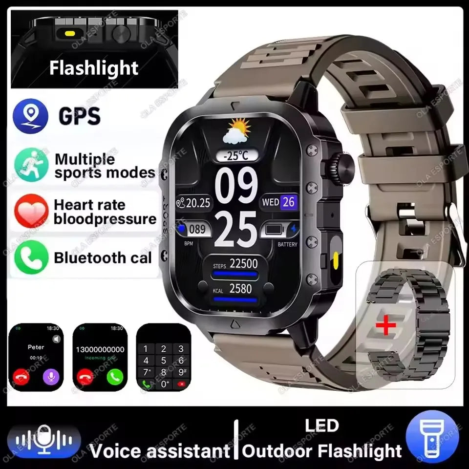 2026 New Military Smart Watch Men 3ATM Outdoor Sports Fitness Tracker Blood Pressure Health Monitoring BT Call GPS Smartwatch