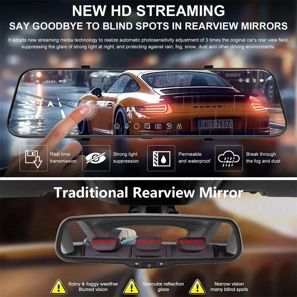 10 Inch Full Touch Screen Rear View Mirror Dash Camera,1080P Full HD Dual Front Rear Car Dashcam, Superior Night Vision, Loop Recording Parking Mode Backup Reverse Camera Vehicle Driving Recorder