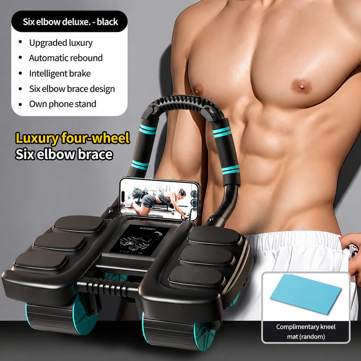 Automatic Rebound Ab Roller 4 Wheel Core Trainer with Elbow Support Abdominal Workout Exercise Equipment for Home Gym