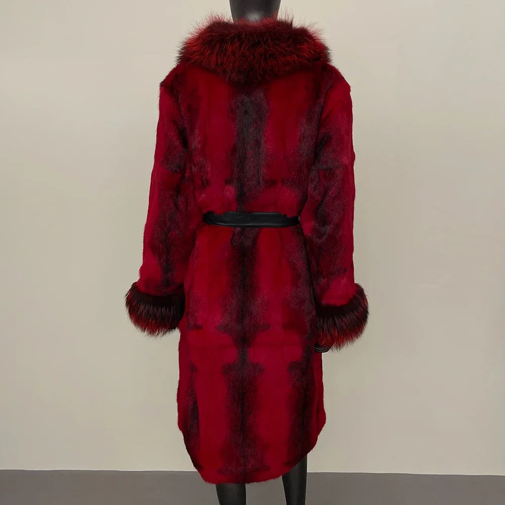 2024 New Autumn Winter Thickened Fur Coat for Women Rabbit Fur One-piece Long Style Real Fox Fur Collar Fashion Warm Coat Women
