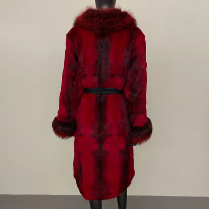 2024 New Autumn Winter Thickened Fur Coat for Women Rabbit Fur One-piece Long Style Real Fox Fur Collar Fashion Warm Coat Women