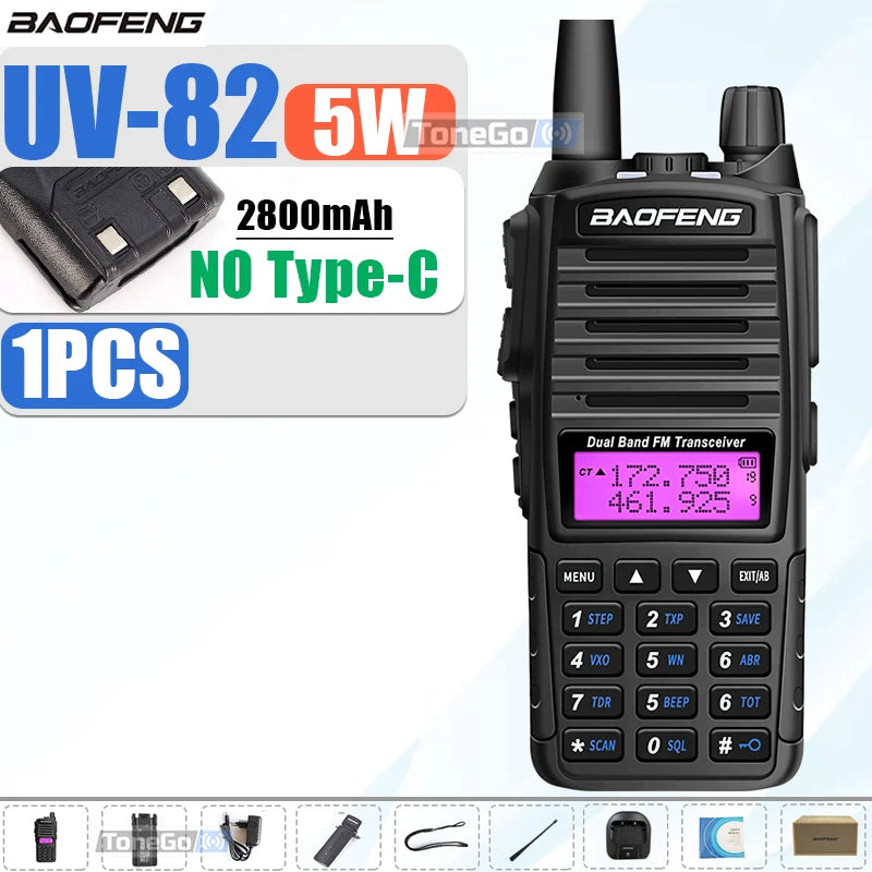 1/2Pcs Baofeng UV-82 Walkie Talkie 5/8W Tri-Power FM Radio Type-C Charger Dual PTT Dual Band VHF/UHF Two Way Camouflage For Hunt