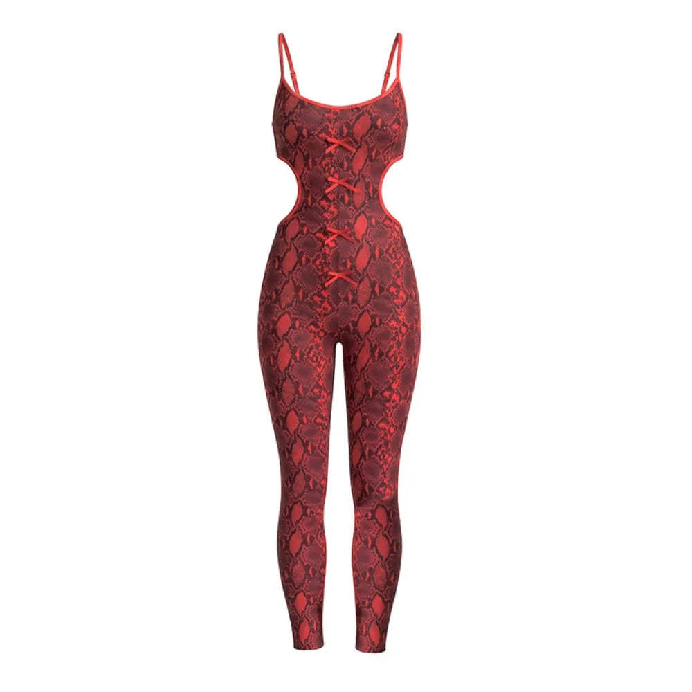 FLARORA Sexy Serpentine Print Jumpsuits Woman Hipster Sling Hollow Backless Skinny Jumpsuit Hottie Party Club Street Overalls