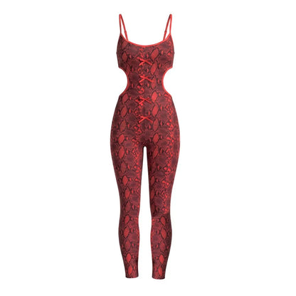 FLARORA Sexy Serpentine Print Jumpsuits Woman Hipster Sling Hollow Backless Skinny Jumpsuit Hottie Party Club Street Overalls