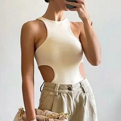 Europe and America Summer fashion women's sleeveless hollowed out waist revealing round neck slim fit sexy bodysuit
