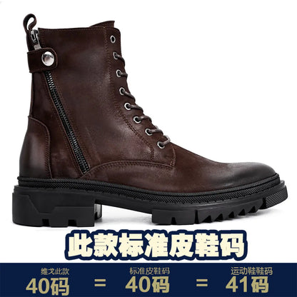 Round Head Casual Combat Boots Thick-soled High Boots Men's High Top Leather shoe Zipper Leather Boots motorcycle boots men