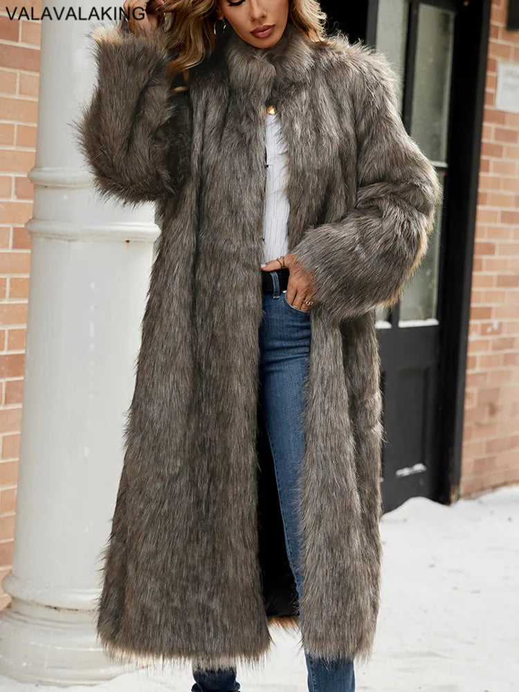 2026 Winter Stand Collar Faux Fur Long Coat Women Elegant Long Sleeve Fluffy Plush Jacket Lady Casual Thick Warm Furry Outwear