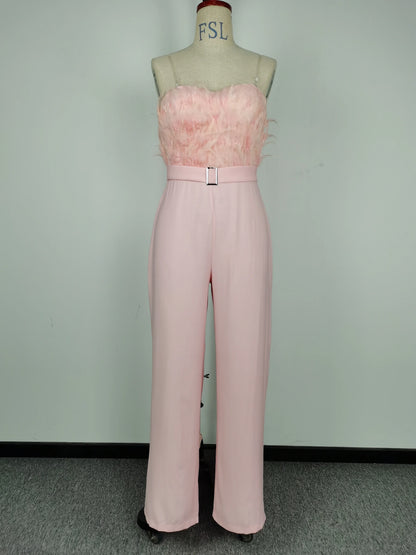 Elegant Jumpsuit Women Long One Piece Strapless White Slash Neck Feather Y2k Top Sexy Wedding Party Night Evening Rompers Summer