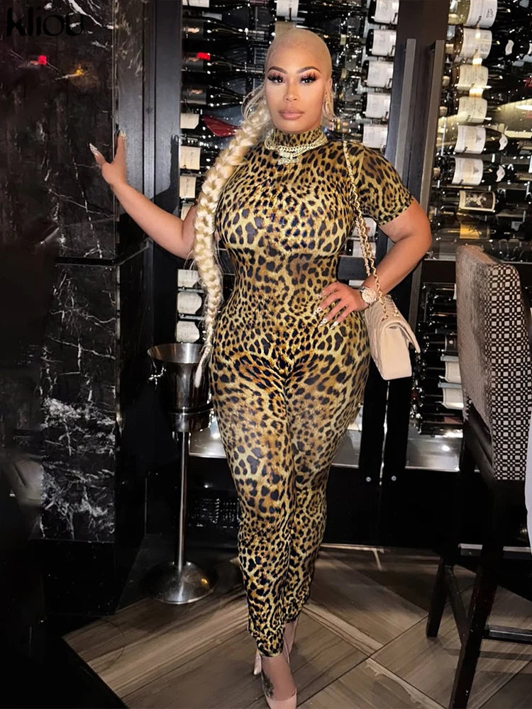 kliou Sexy Printed Women Jumpsuits Fashion New Back Hollow Full Sleeve Stand Collar Slim Overalls Female Midnight Party Clubwear