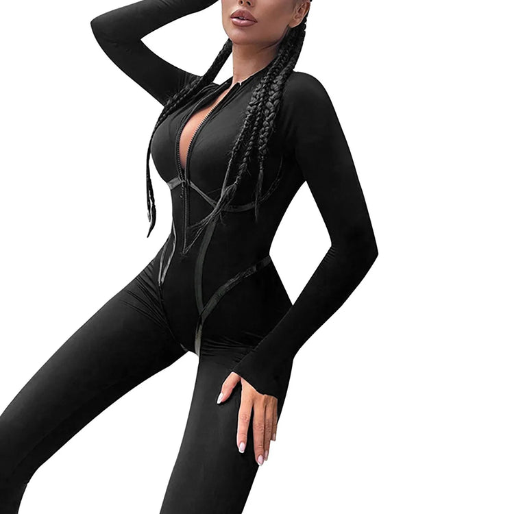 Women Black Jumpsuits Sexy Long Sleeve Deep V-Neck Zip Up Tight Playsuit Streetwear Hot Girls Y2k Jogger Sportwear Bodysuits