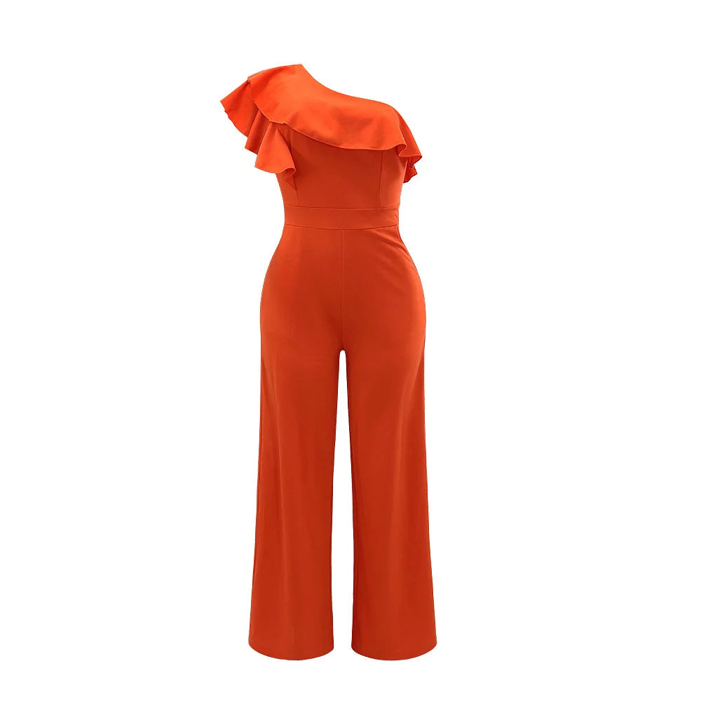 Casual Women's Solid Color Jumpsuits Summer Oblique Collar Black Ears High Waist Wide-leg Pants Fashionable Summer Jumpsuits