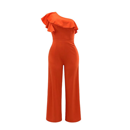 Casual Women's Solid Color Jumpsuits Summer Oblique Collar Black Ears High Waist Wide-leg Pants Fashionable Summer Jumpsuits