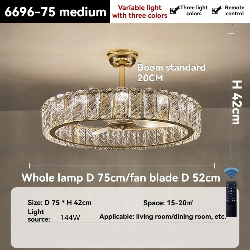 Nordic Luxury Crystal Ceiling Fan Light Modern Minimalist Dining Room Hotel Pendant Lights Living Room Bedroom Silent Fan lamp