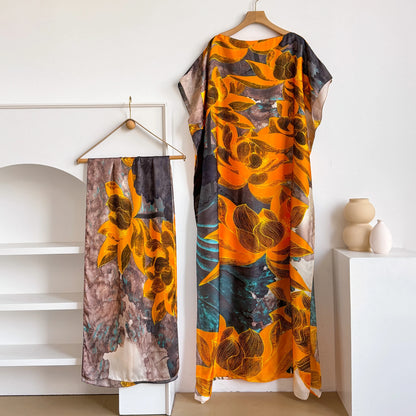 Fashion Summer Print Dress With Big Scarf Dubai Turkey Kaftan Muslim Loose Abaya Women African Casual Paisley Shawl Robe MOOMOO
