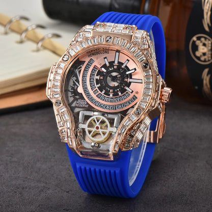 Business Full Diamond Case Luxury Top Mens Watches Rubber Strap Color Creative Decorative Quartz Watch Men AAA Clocks Relogio