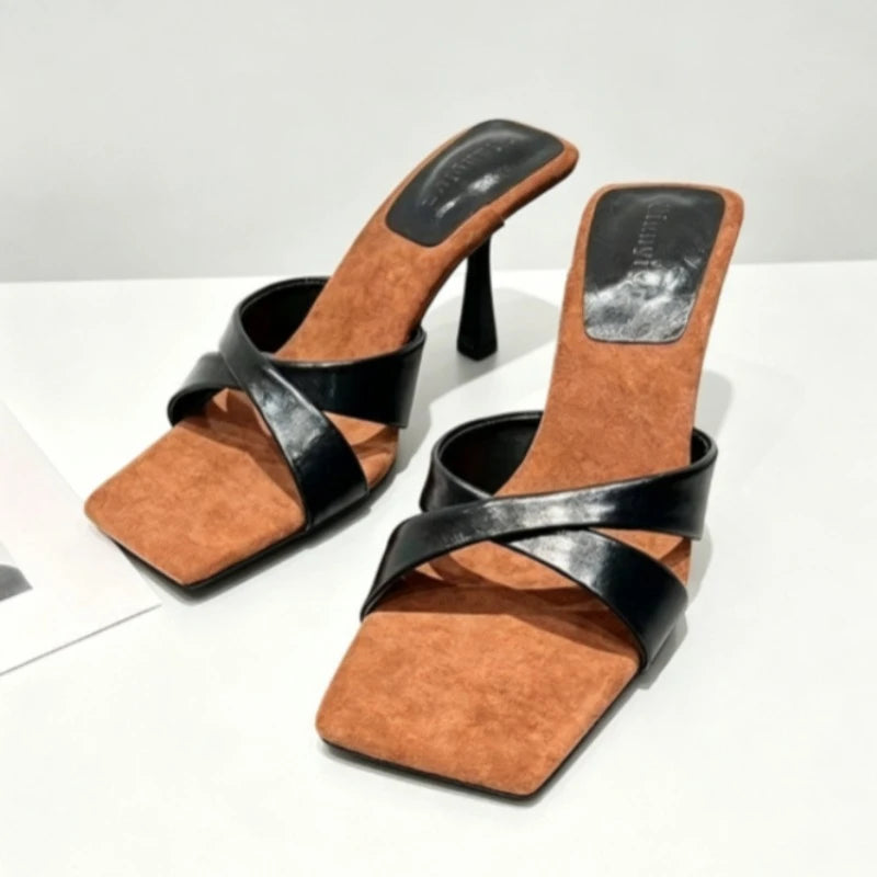 Square Toe Women's High Heels Slippers Elegant Sandals Fashion Shoes Dress Pumps Woman Slides New Luxury Female Flip Flops