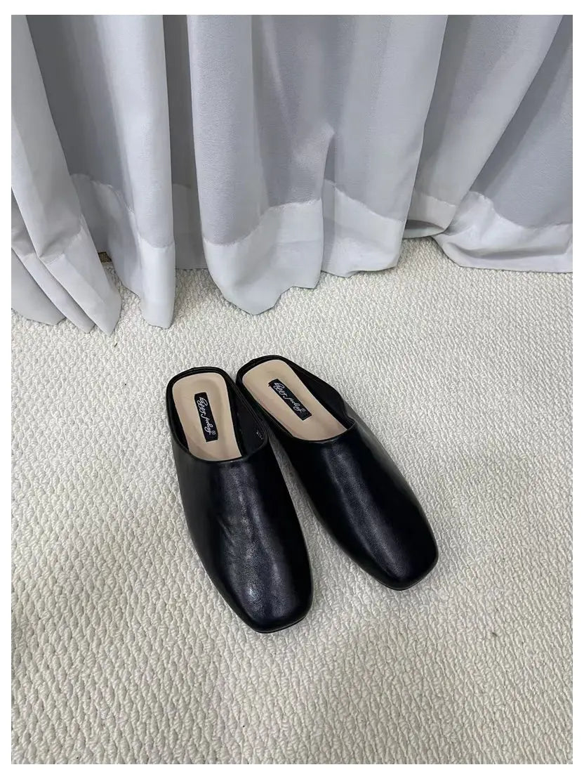 Fashion Square Toe Flat Slippers Women Casual Slip On Mule Luxury Brand Outsides Slides Elegant Pleated Ladies Shoes Sandal Flip