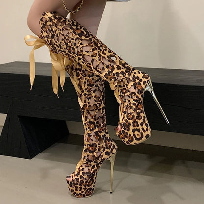 Aneikeh Sexy Leopard Print Hollow Out Ultra-high Heels Knee-High Boots Lady Club Stripper Peep Toe Platform Sandal Long Booties