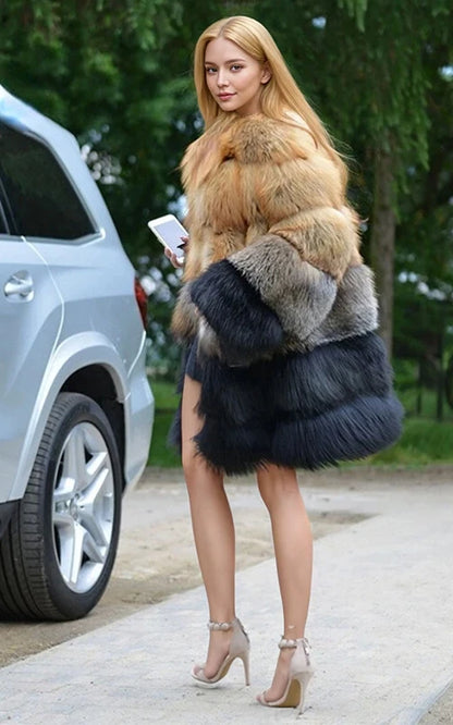 Women Winter Faux Fur Fox Coats mid-length Jackets Furry Outerwear Party Gradient splicing design Thick Warm Coats