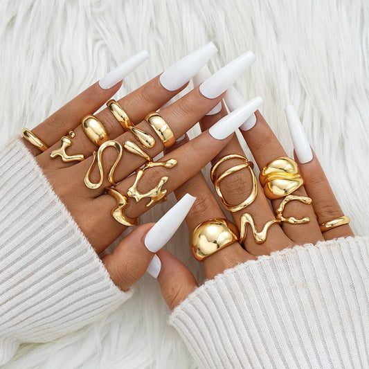 15Pcs/Set Stainless Steel Irregular Lines Water Drop Rings for Women Men Exaggerated Punk Retro Boho Fashion Jewelry Gifts