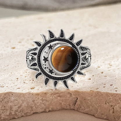 925 Sterling Silver Natural Moonstone Ring 8MM Bohemian Star Sun Moon Shape Ring Gothic Punk Style Party Gift for Women Men