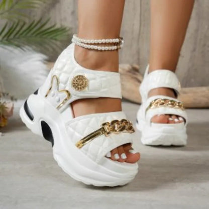 Summer New Women Wedge Sandals 2026 Fashion Metal Decor Solid Thick Bottom Female Shoes Trendy Casual Comfort High Heel Sandals