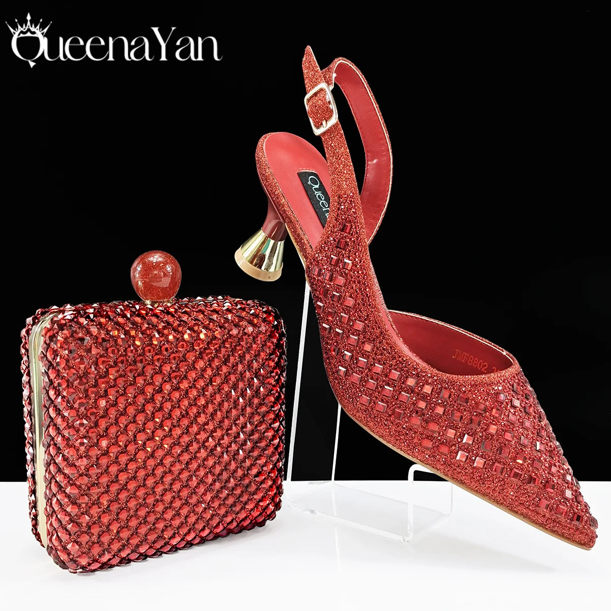 Queena Yan 2026 Italian Design Rhinestone Luxury Navy Blue Pointed Toe Shoe & Bag Set Women High Heels for Parties High Quality