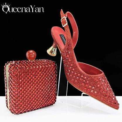 Queena Yan Italian Design Rhinestone Luxury Green Colour Pointed Toe Shoe & Bag Set Women's High Heels for Parties High Quality