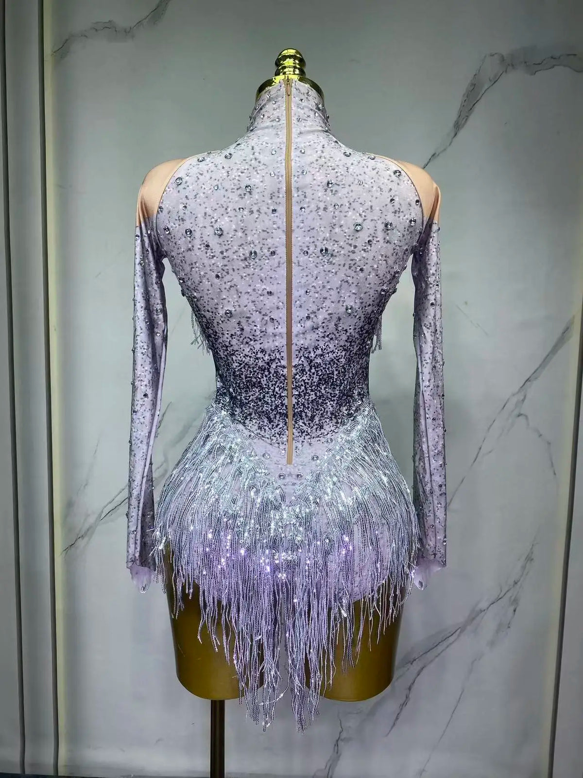 Sparkly Rhinestones Sequins Tassels Bodysuit for Women Sexy Performance Dance Costume Singer Dancer Leotard Show Stage Wear