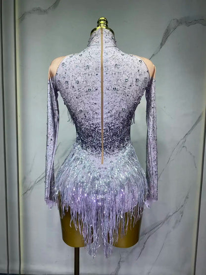 Sparkly Rhinestones Sequins Tassels Bodysuit for Women Sexy Performance Dance Costume Singer Dancer Leotard Show Stage Wear