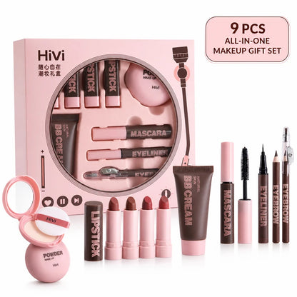 9PCS Makeup Gift Set for Women, All-in-One Lipstick Mascara Eyeliner BB Cream Powder Compact, Travel Beauty Kit for Beginners