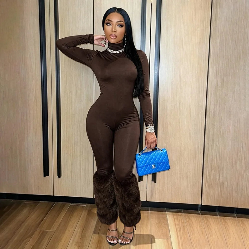FLARORA Sexy Faux Fur Patchwork Jumpsuits Woman Turtleneck Full Sleeve Skinny Peach Hip Jumpsuit Midnight Party Club Overalls