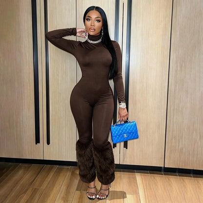 FLARORA Sexy Faux Fur Patchwork Jumpsuits Woman Turtleneck Full Sleeve Skinny Peach Hip Jumpsuit Midnight Party Club Overalls