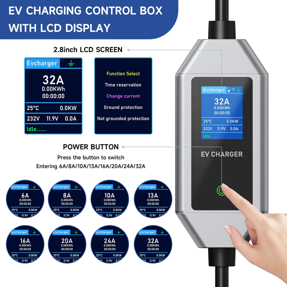 JNTAFEV Portable Charger 7.2KW 32A Type2 IEC62196-2 Electric Car Charger Type1 J1772 EV Charger GB/T CEE Plug WIFI APP Control
