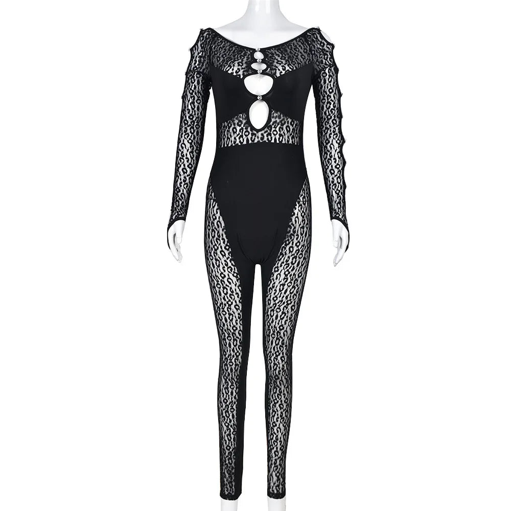 Sexy Deep V Neck Cut Out Mesh Hollow Out Slim Jumpsuit Women Print Long Sleeve Button See Through Pencil Pants One Piece Rompers