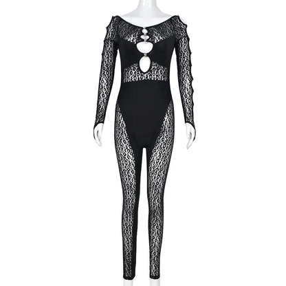 Sexy Deep V Neck Cut Out Mesh Hollow Out Slim Jumpsuit Women Print Long Sleeve Button See Through Pencil Pants One Piece Rompers