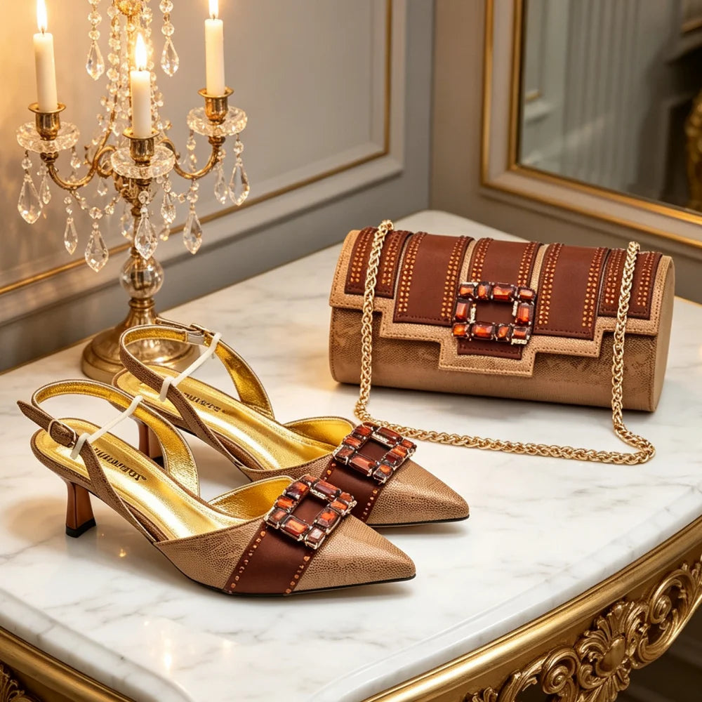 New Design Women Nigerian Italian Shoes and Bags Set with Rhinestone African Shoe and Bags Set for Wedding Luxury Party Pumps