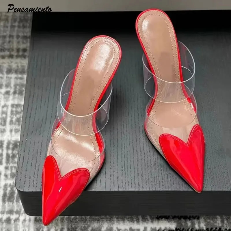 Elegant Pointed Toe Transparent PVC Heart High Heels Mules Slipper Shoes Women 2025 Black White Red Shoes Luxury Designer Pumps