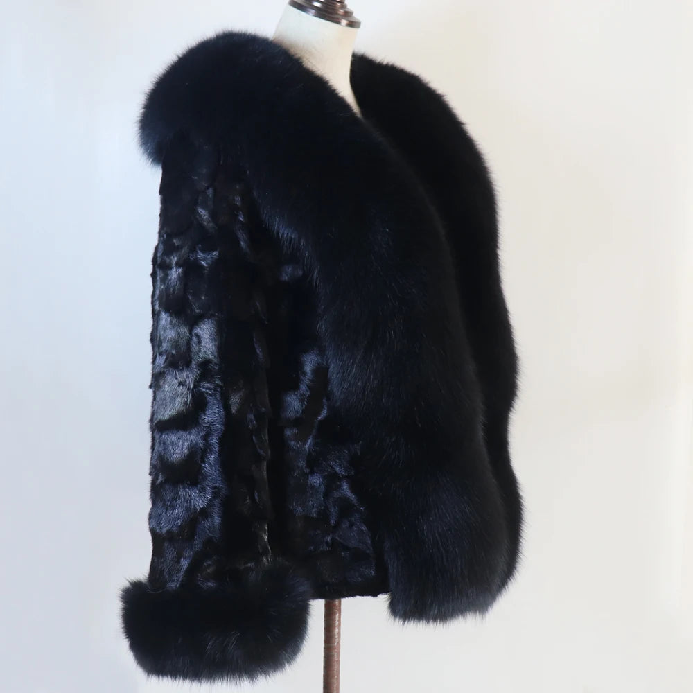 Women's Winter Real Mink Fur Coat with Fox Fur Collar 100% Natural Thick Warm Genuine Jacket Ladies' Outerwear