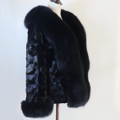 Women's Winter Real Mink Fur Coat with Fox Fur Collar 100% Natural Thick Warm Genuine Jacket Ladies' Outerwear