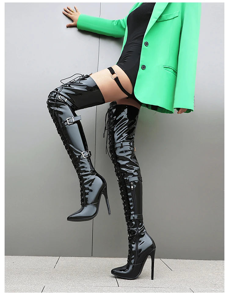 Sgesvier 2025 Jazz Dance High Heels Sexy Women Over the Knee Boots Female Knight Boots Pointed Zipper Pu Thin Heel 12CM Big Size