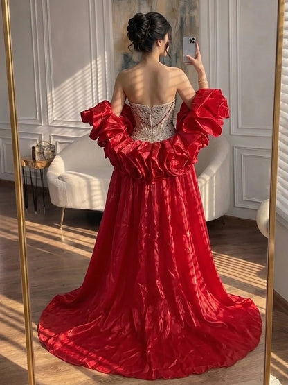 Serene Hill Luxury Red Crystal Beaded Mermaid Evening Dress with Detachable Puffy Sleeves and Satin Cape LA72903A Customized